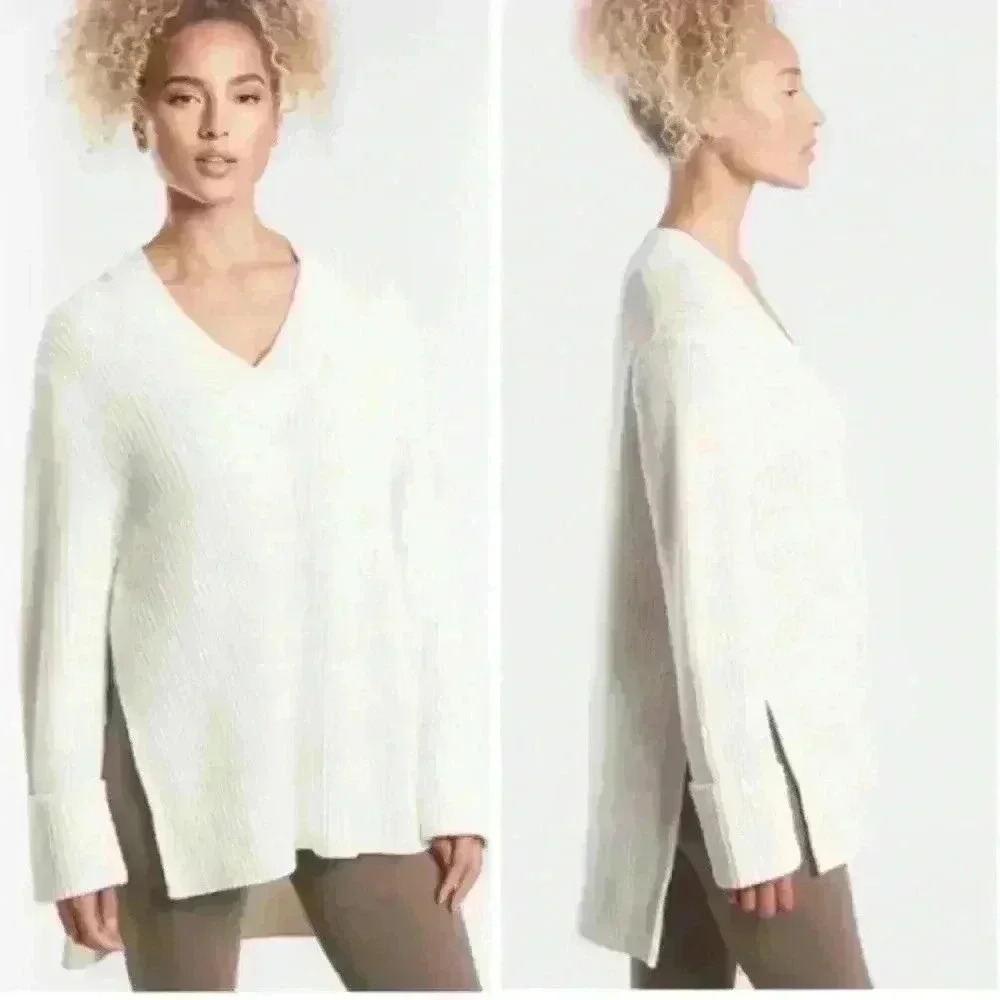 Athleta Shasta V-Neck Oversized Sweater Wool Blend Ribbed Knit Size XS Dove